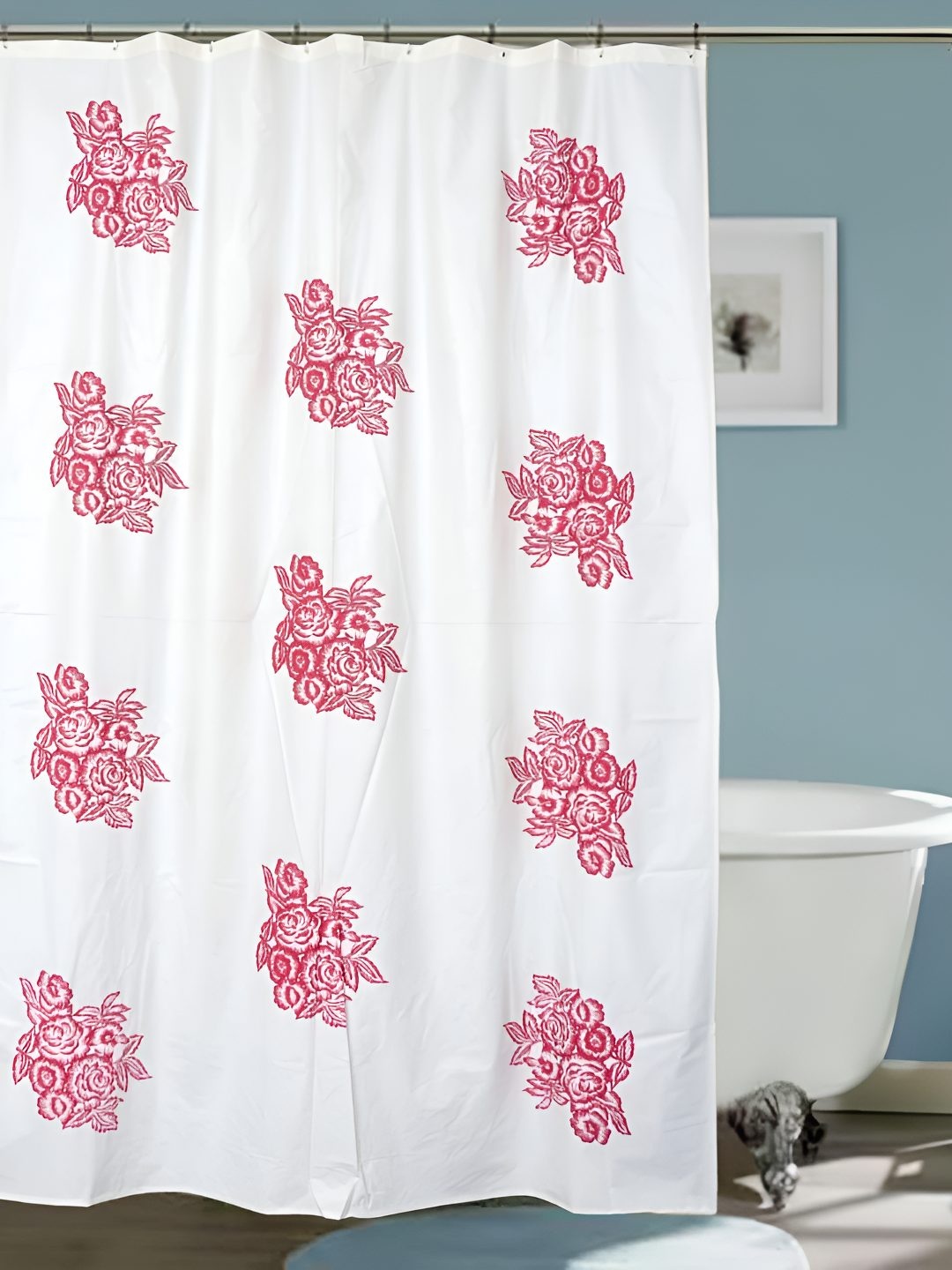 

CASA-NEST White & Red Floral Printed Waterproof Shower Curtain