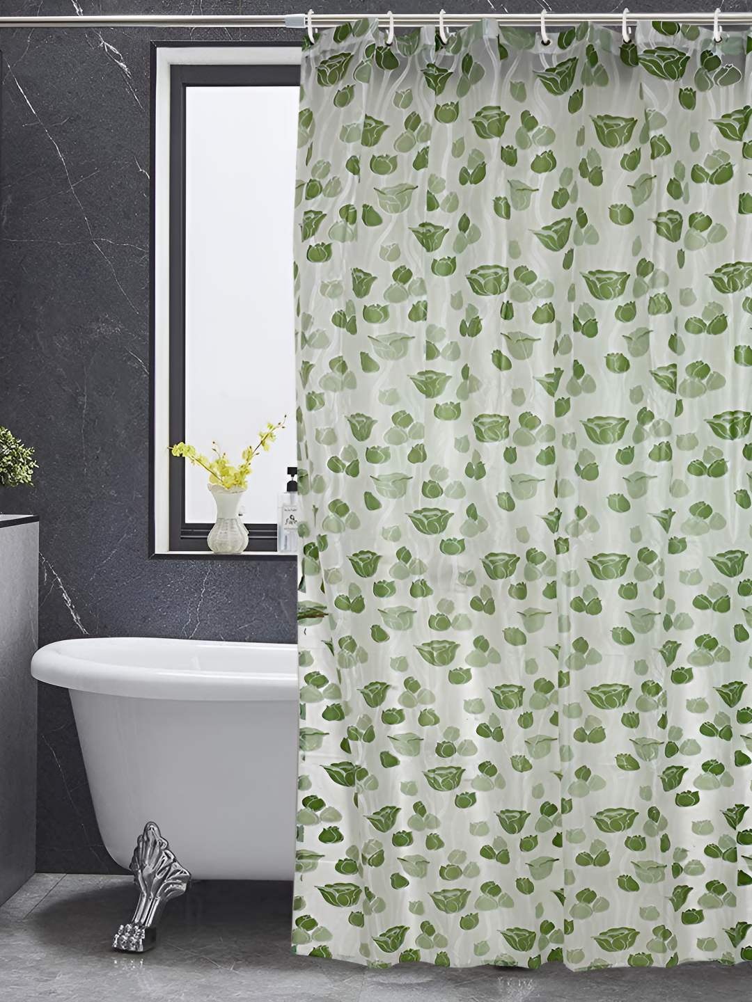 

CASA-NEST Greeb & White 9 Pieces Floral Printed Shower Curtains With Hooks, Green