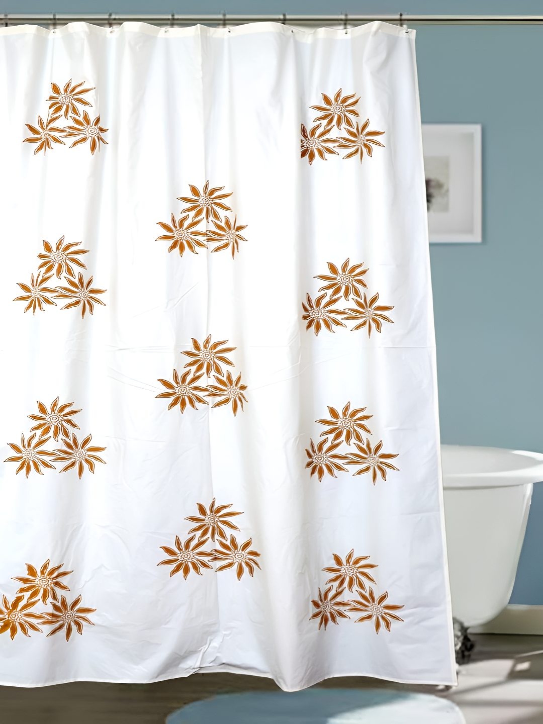 

CASA-NEST White & Brown Floral Printed Waterproof Shower Curtain