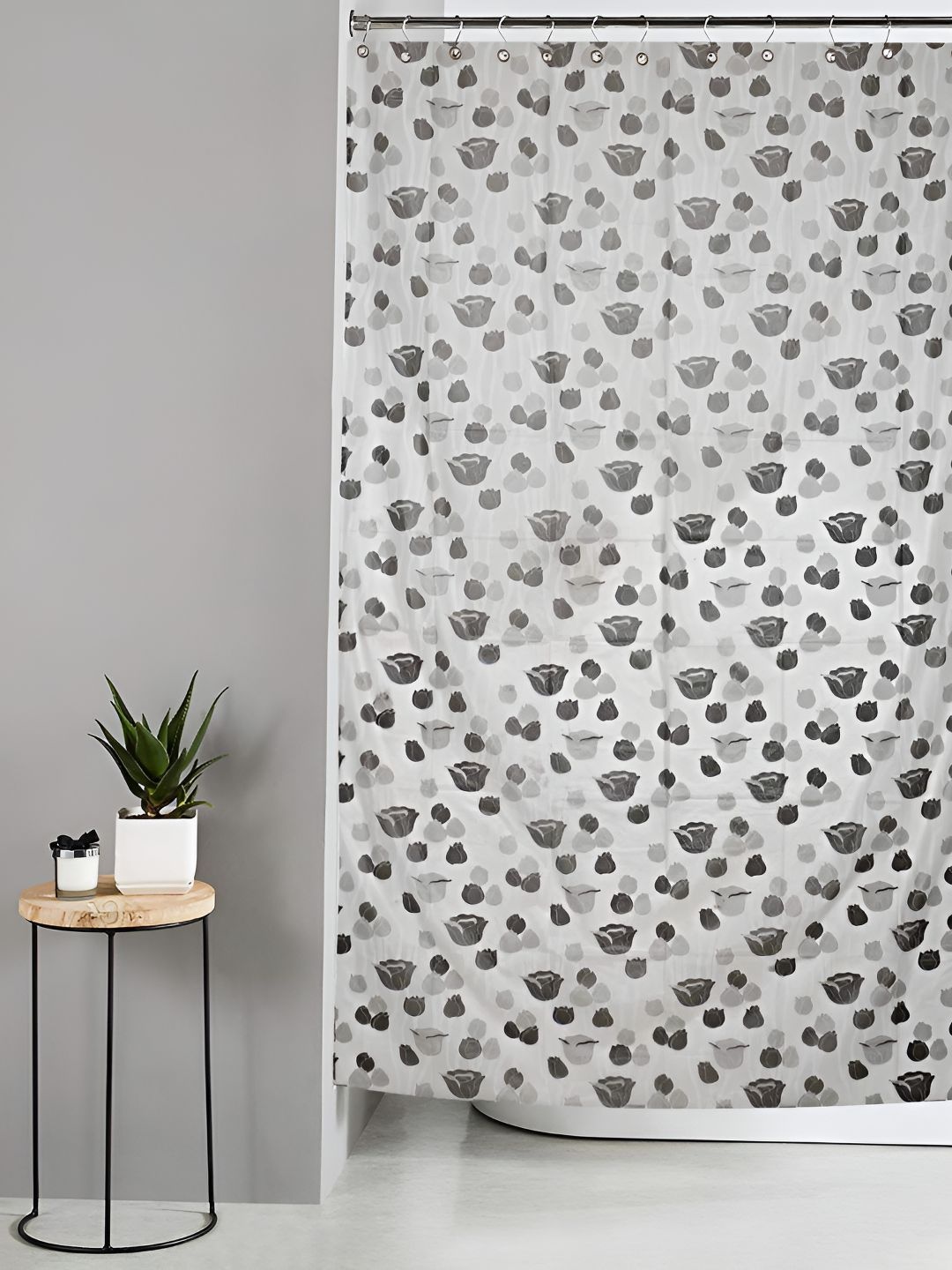 

CASA-NEST Grey & White 9 Pieces Floral Printed Shower Curtains With Hooks