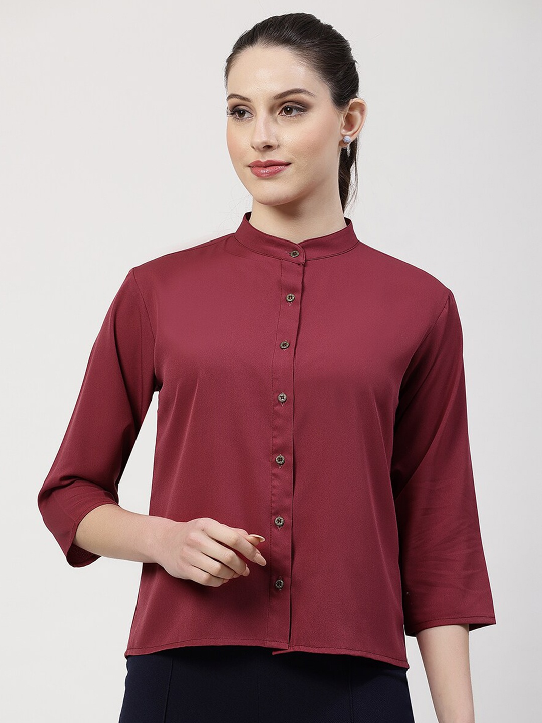 

OFFICE & YOU Mandarin Collar Three-Quarter Sleeves Opaque Crepe Top, Maroon