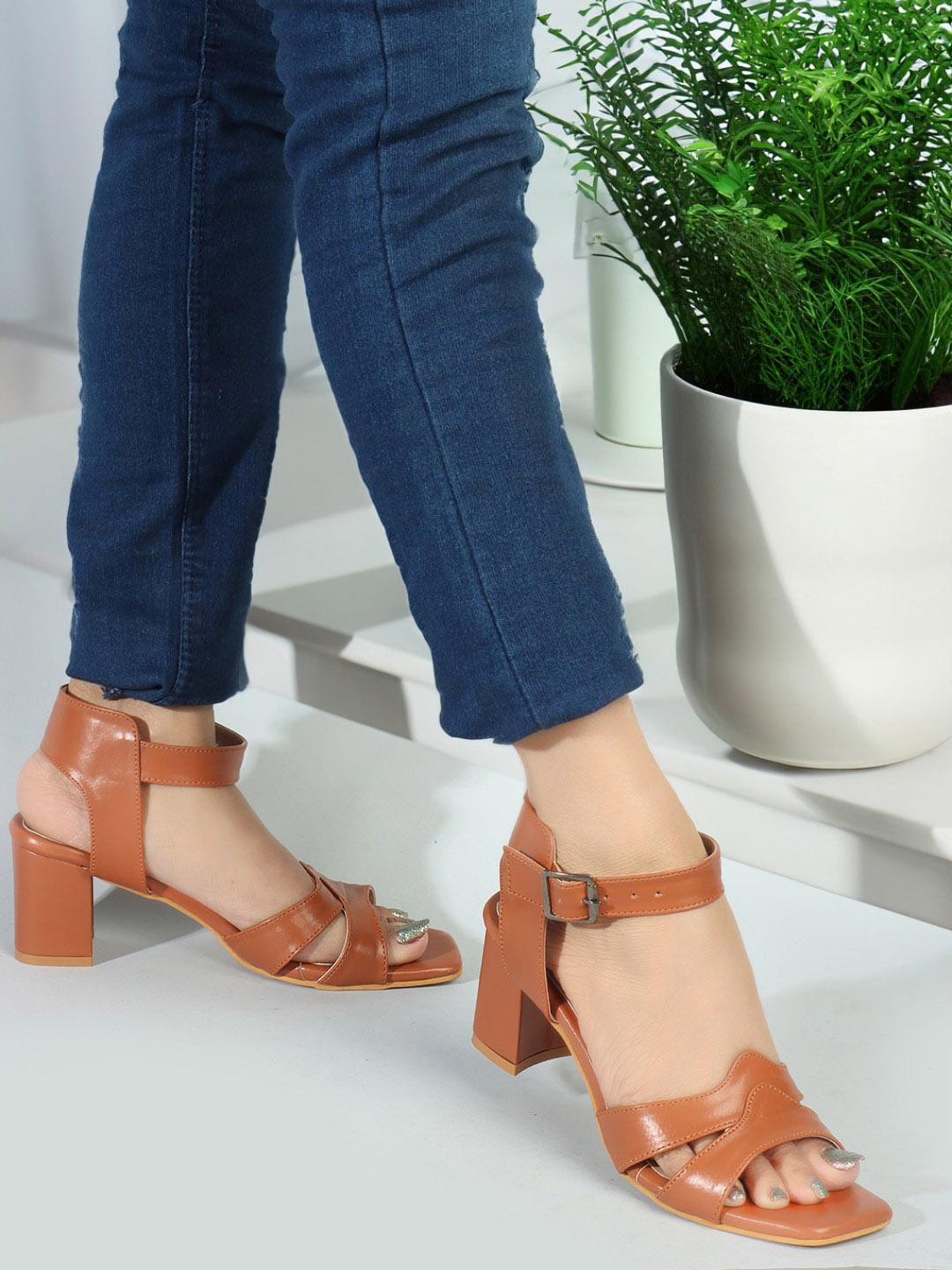 

ICONICS Open Toe Block Heels, Tan