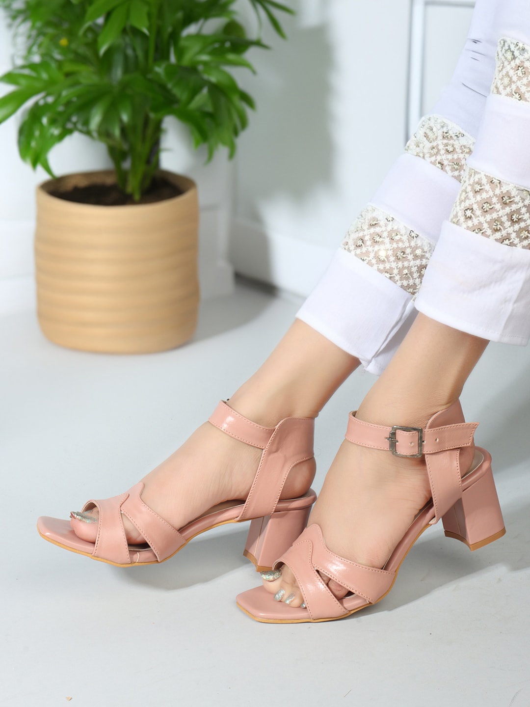 

ICONICS Open Toe Backstraps Block Heels, Peach