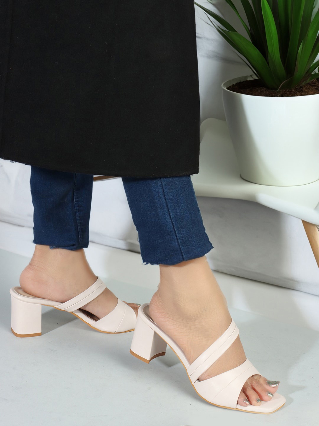 

ICONICS Open Toe Block Heels, Cream