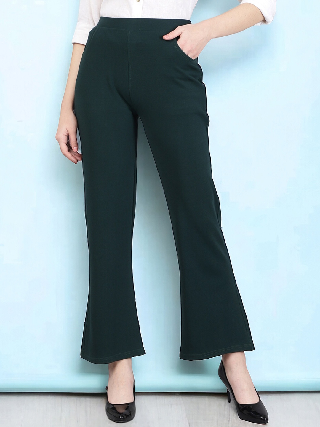 

FITHUB Women Flared High-Rise Cotton Boot Cut Trousers, Green