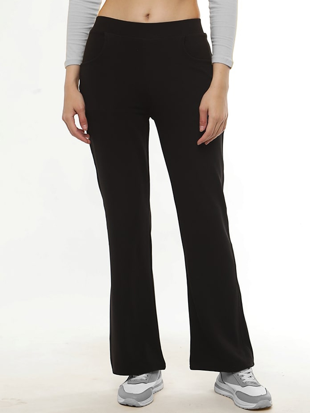 

FITHUB Women Flared Mid-Rise Bootcut Trousers, Black