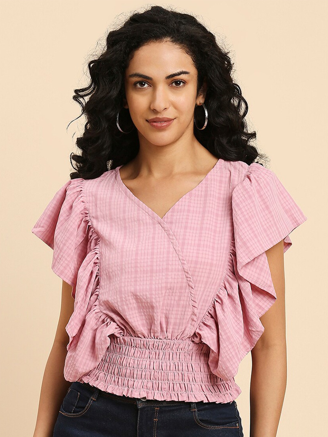

GUFRINA Checked Flutter Sleeve Wrap Top, Pink