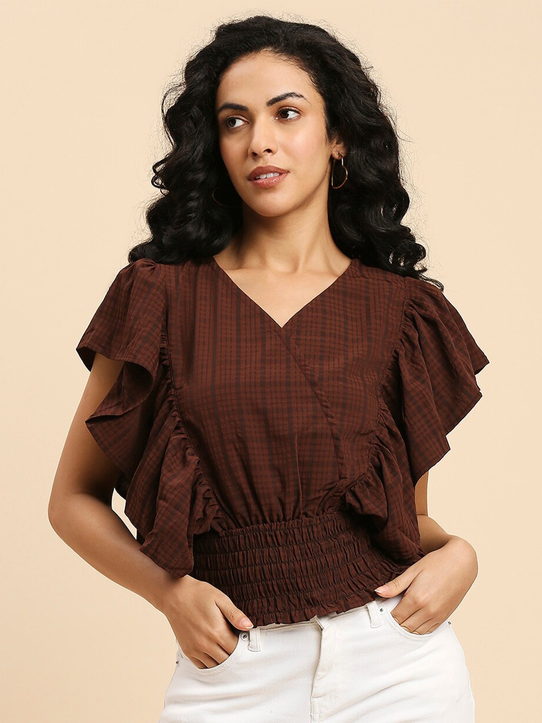 

GUFRINA V-Neck Flutter Sleeve Gathered Top, Brown