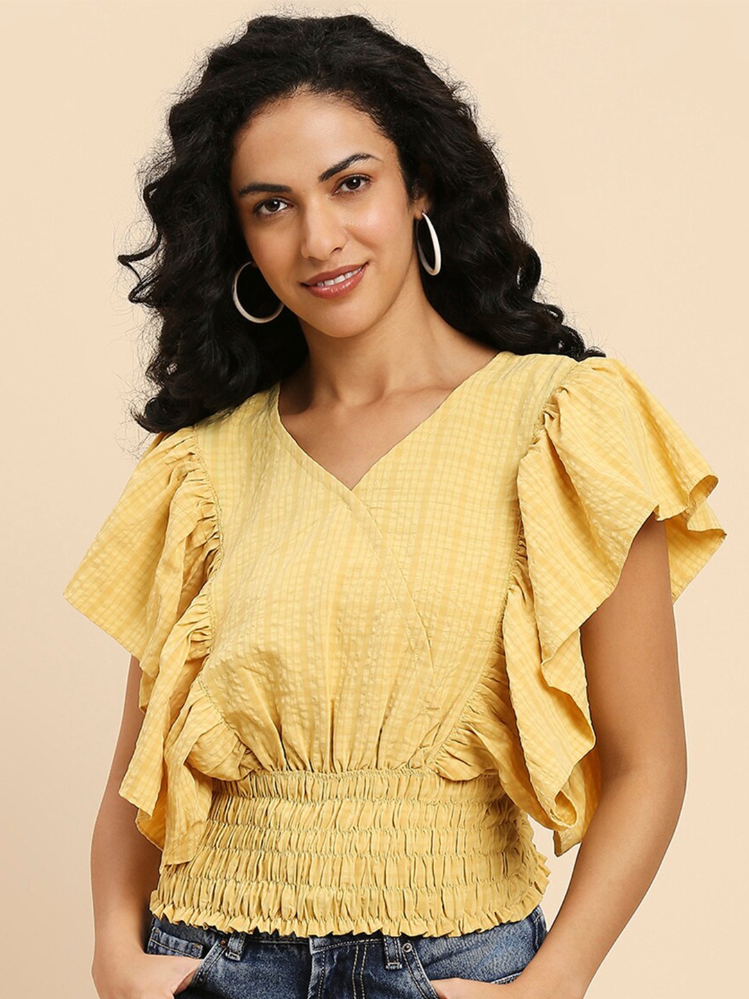 

GUFRINA Print Flutter Sleeve Cinched Waist Top, Yellow