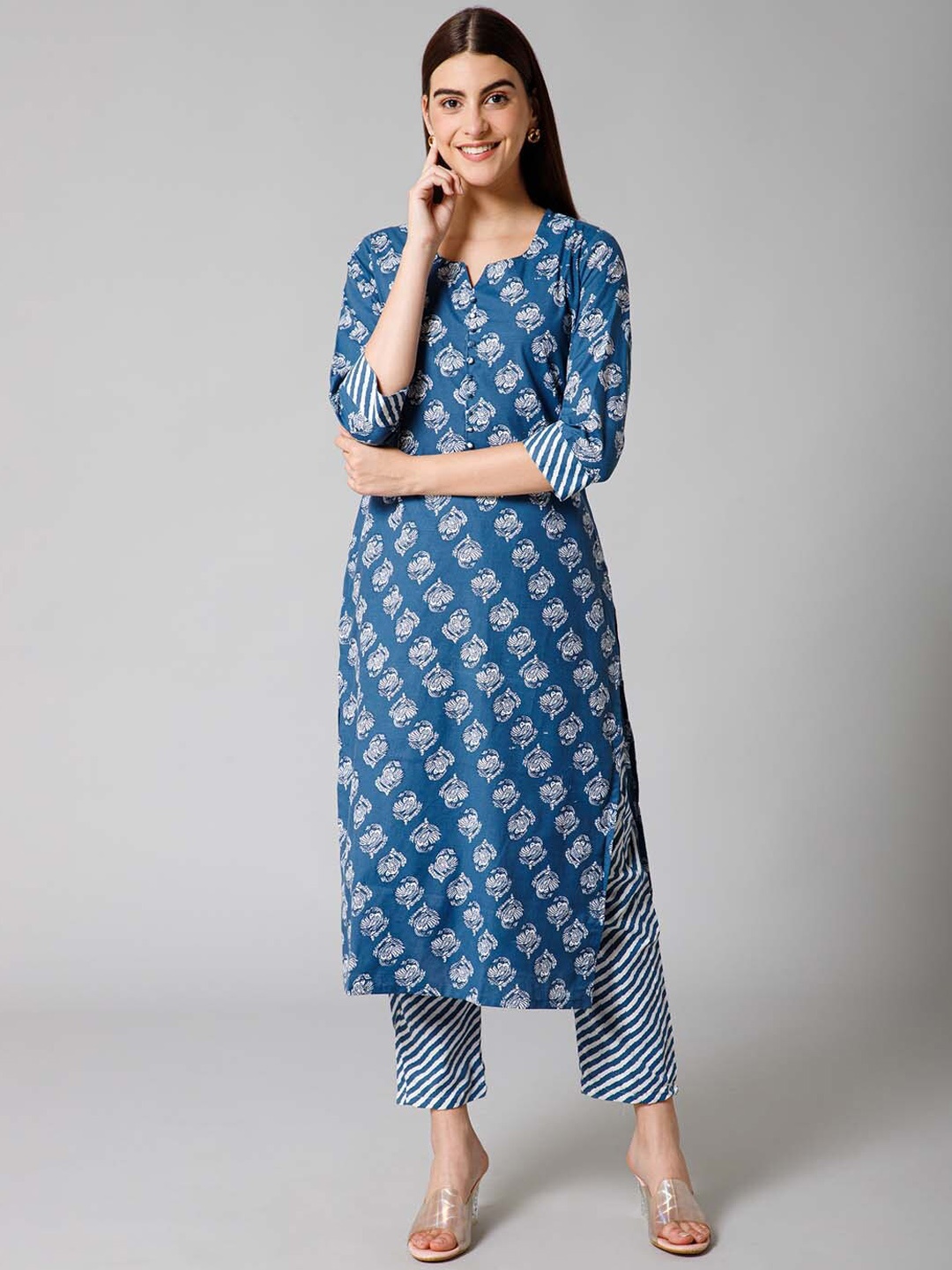 

Meena Bazaar Round Neck Three Quarter Sleeves Floral Printed Regular Kurta with Trousers, Blue