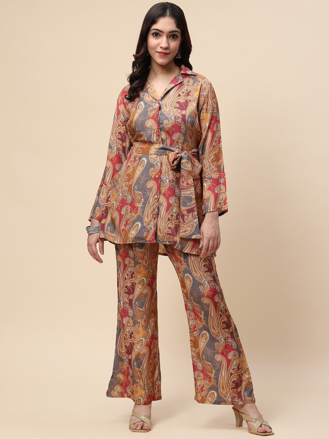 

Meena Bazaar Shirt collar Long Sleeves Floral Printed Regular Co-Ords Set, Beige