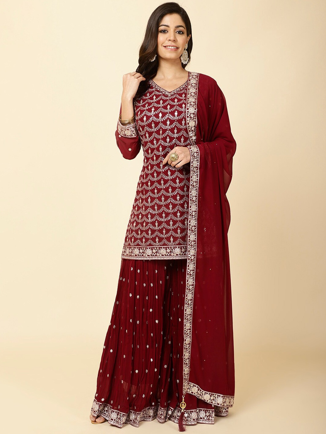 

Meena Bazaar V-Neck Ethnic Motifs Regular Thread Work Kurti with Sharara & With Dupatta, Maroon