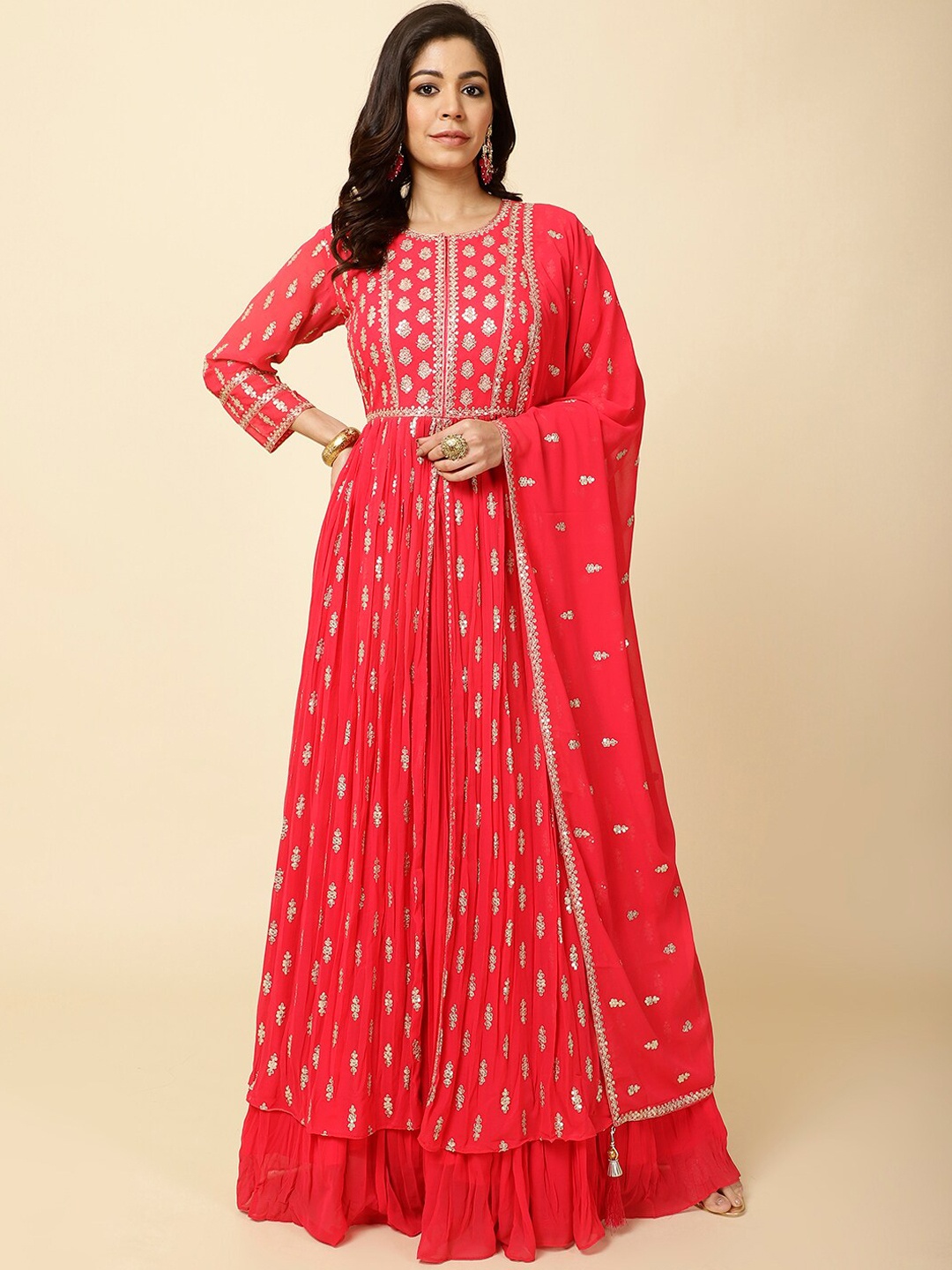 

Meena Bazaar Round Neck Ethnic Motifs Empire Kurta with Skirt & With Dupatta, Pink