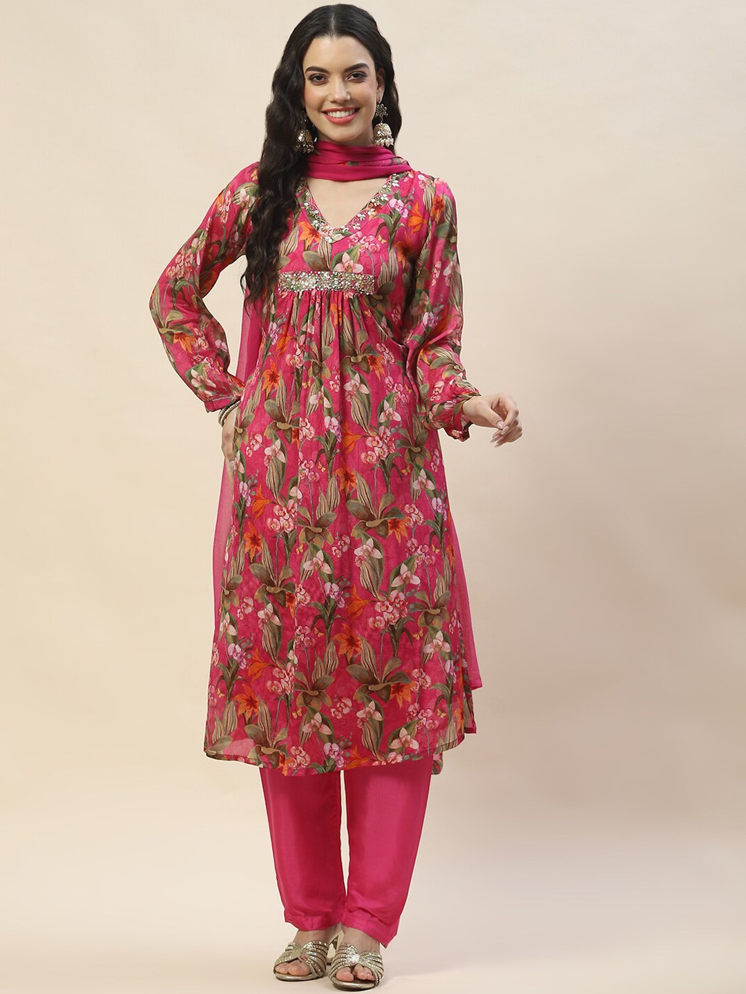 

Meena Bazaar V-Neck Ethnic Motifs Empire Thread Work Kurta with Trousers & With Dupatta, Pink