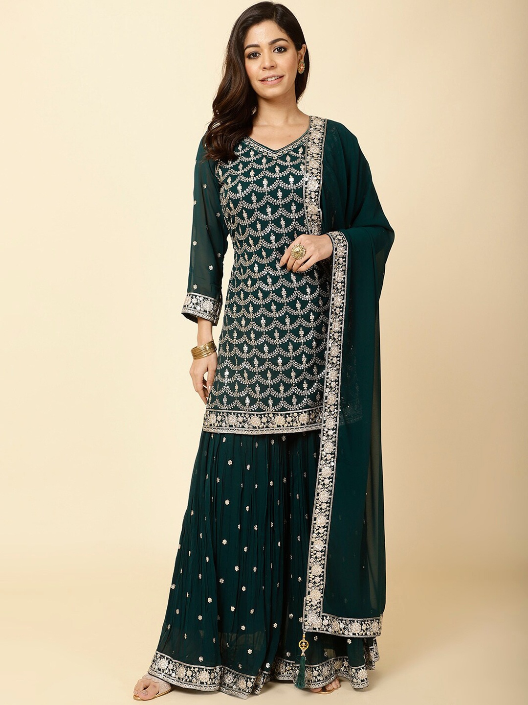 

Meena Bazaar Floral Regular Kurti with Sharara & With Dupatta, Green