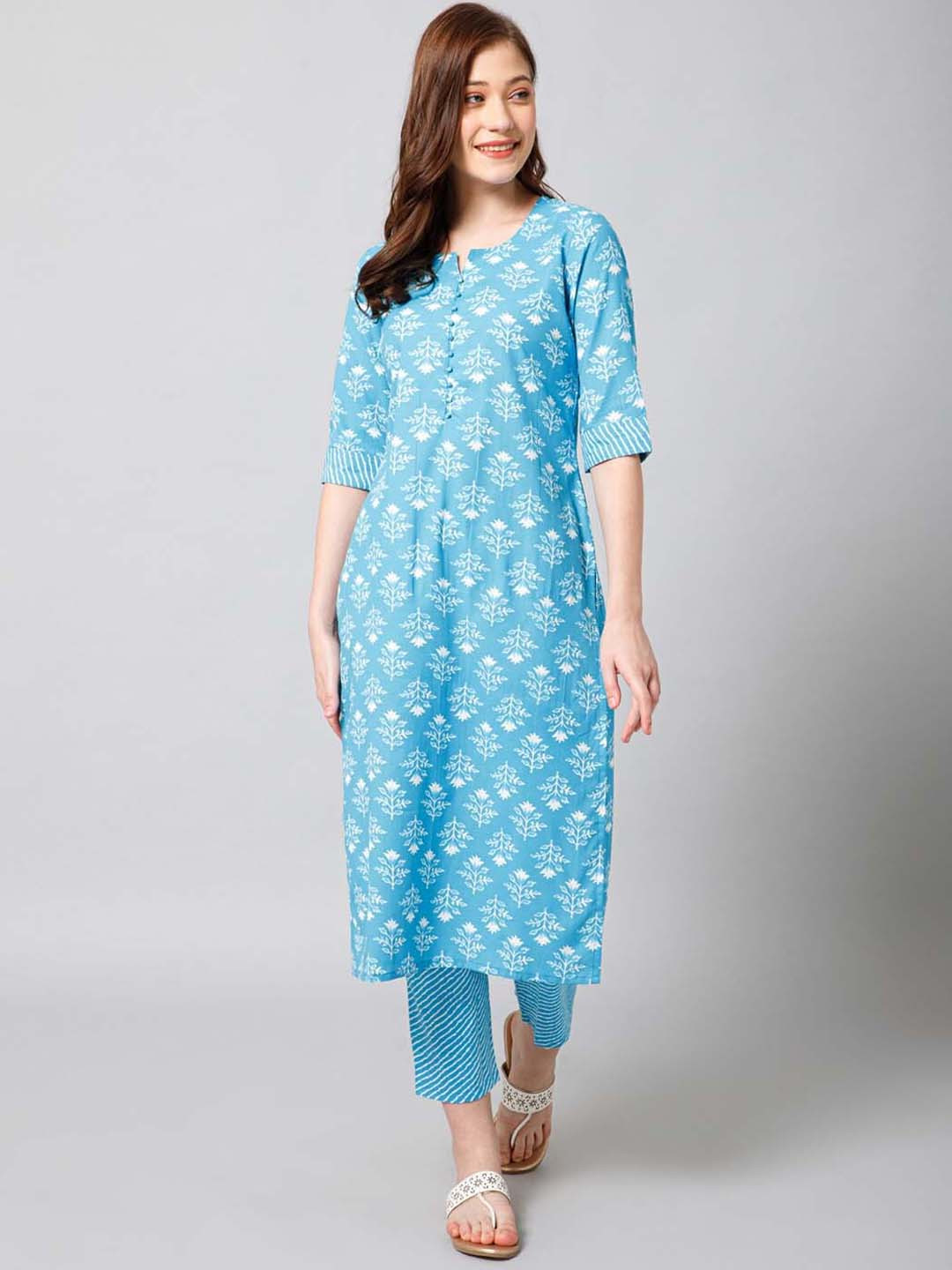 

Meena Bazaar Floral Printed Straight Kurta with Trousers, Blue