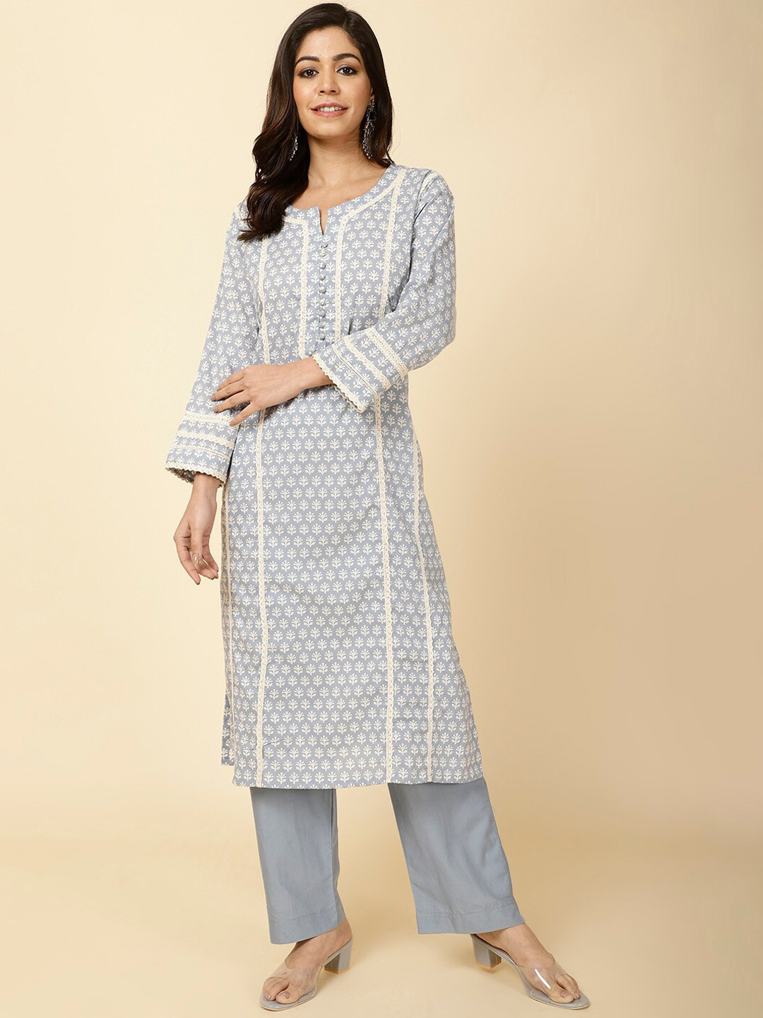 

Meena Bazaar Floral Printed Straight Kurta with Trousers, Blue