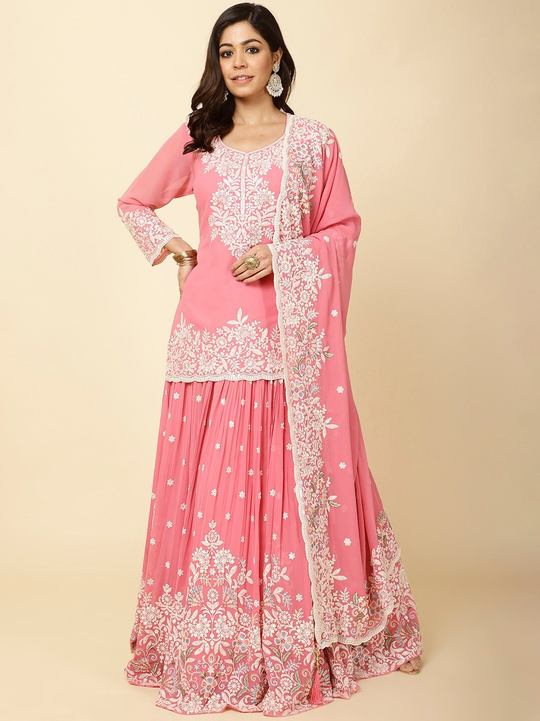 

Meena Bazaar Ethnic Motifs Embroidered Regular Kurta with Skirt & With Dupatta, Pink