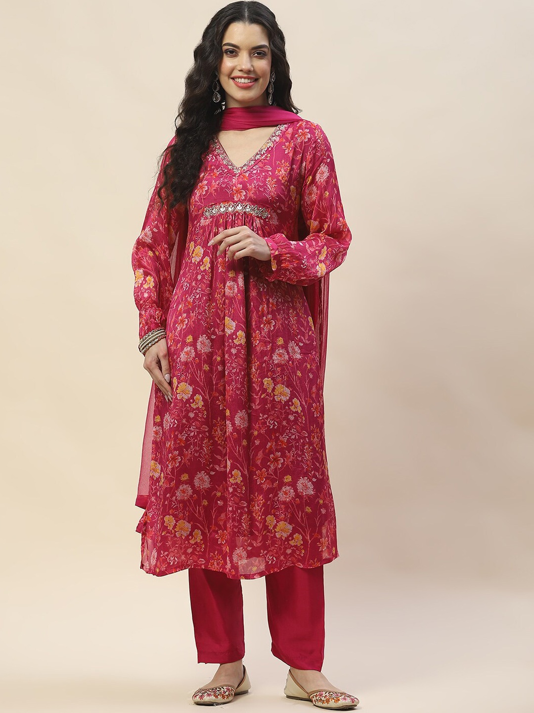 

Meena Bazaar Floral Printed Pleated Anarkali Kurta with Trousers & With Dupatta, Magenta