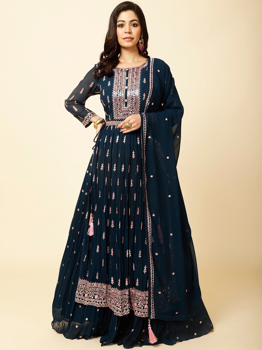

Meena Bazaar Ethnic Motifs Embroidered Sequinned Kurta with Skirt & With Dupatta, Teal