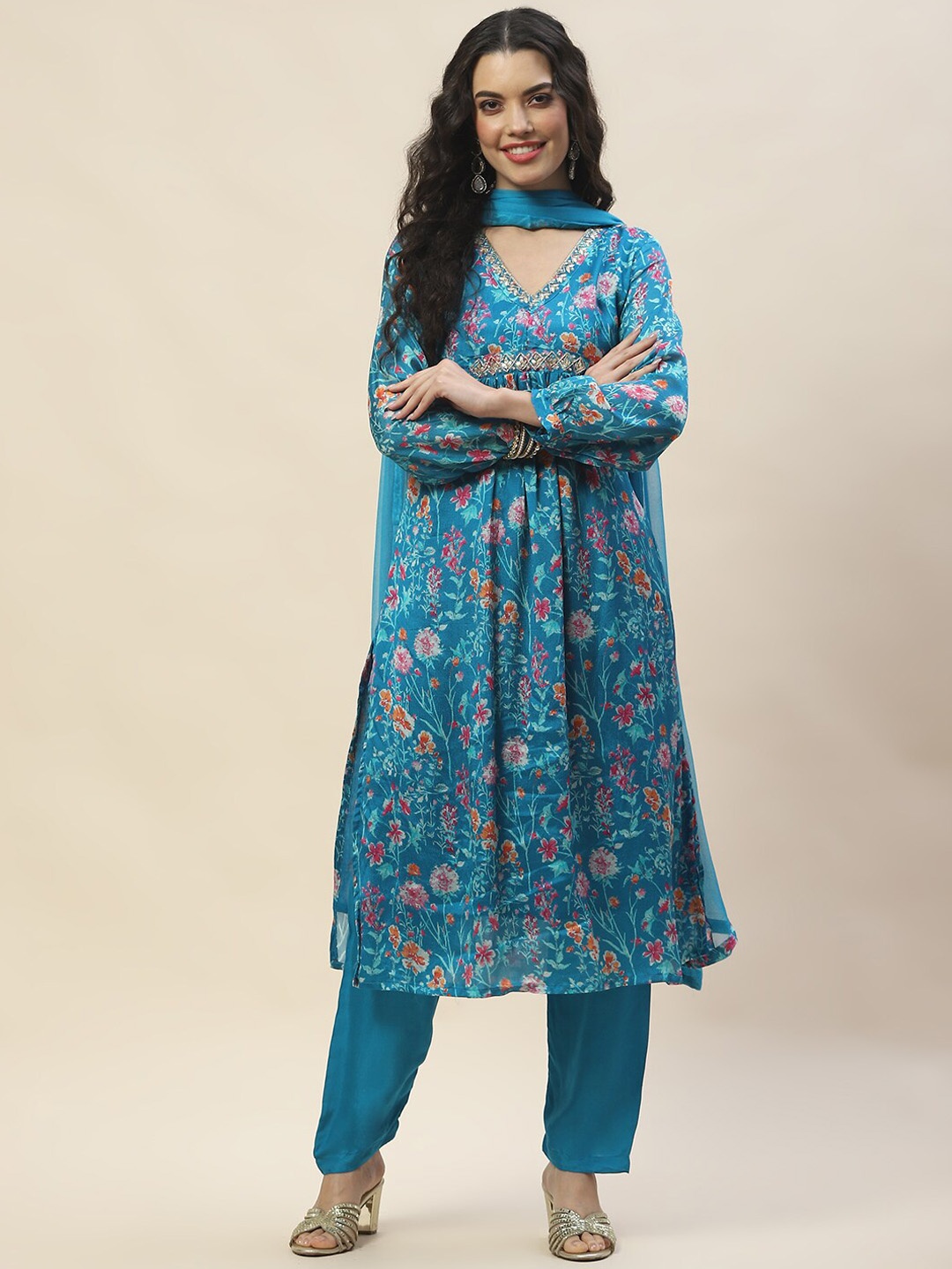 

Meena Bazaar Floral Printed Pleated Anarkali Kurta with Trousers & With Dupatta, Blue