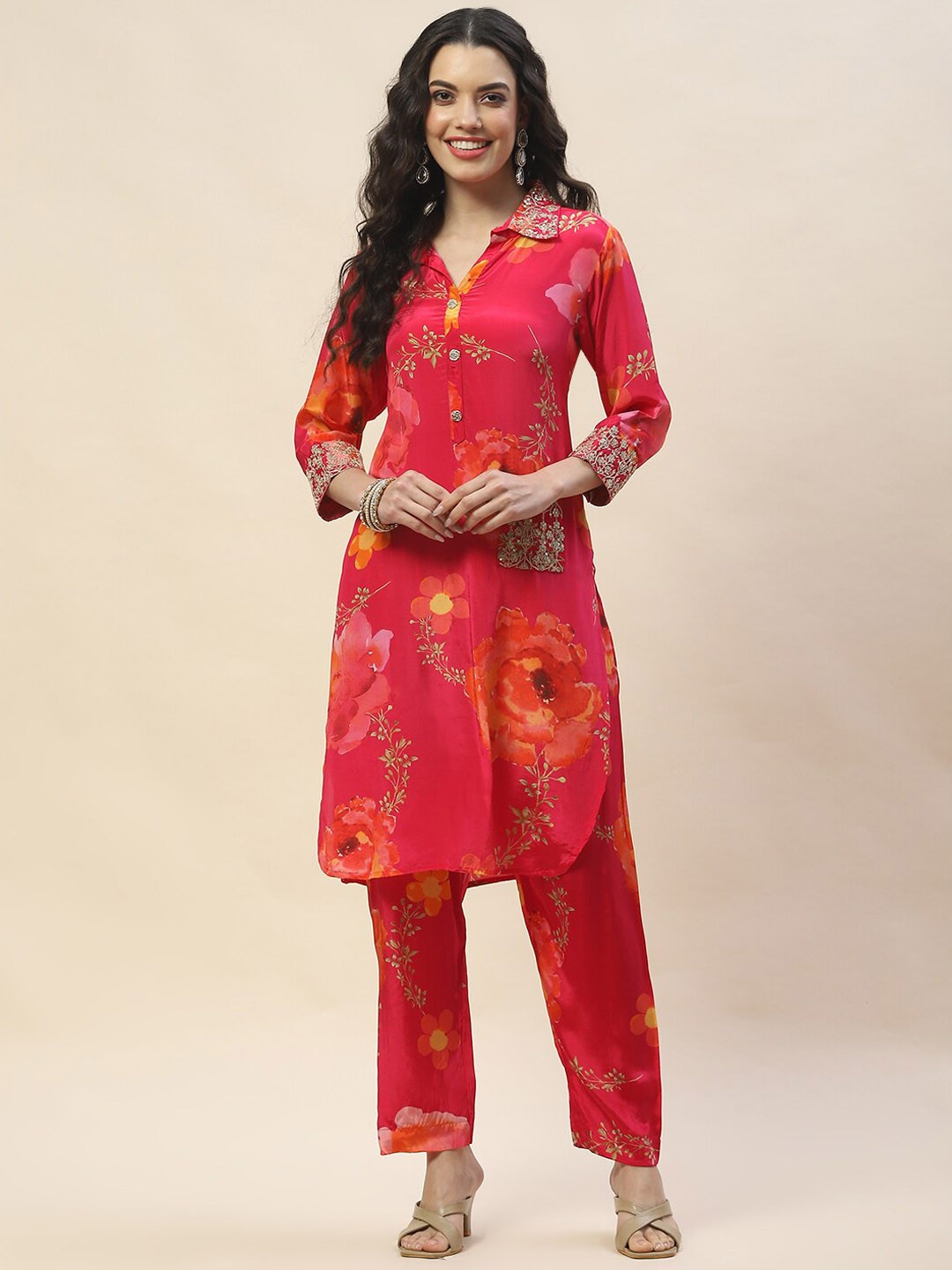 

Meena Bazaar Women Floral Printed Shirt Collar Thread Work Kurta with Trousers, Pink