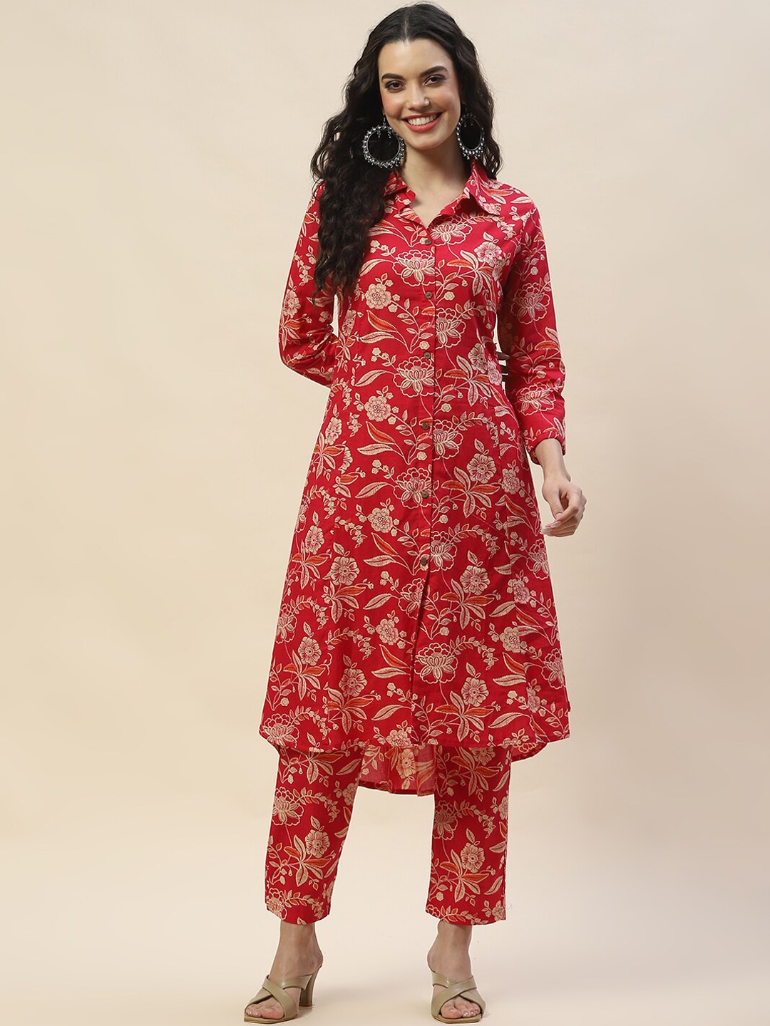 

Meena Bazaar Floral Printed Shirt Collar A-LineKurta with Trousers, Pink