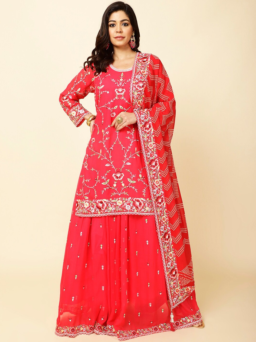 

Meena Bazaar Ethnic Motifs Embroidered A-Line Kurti with Skirt & With Dupatta, Pink