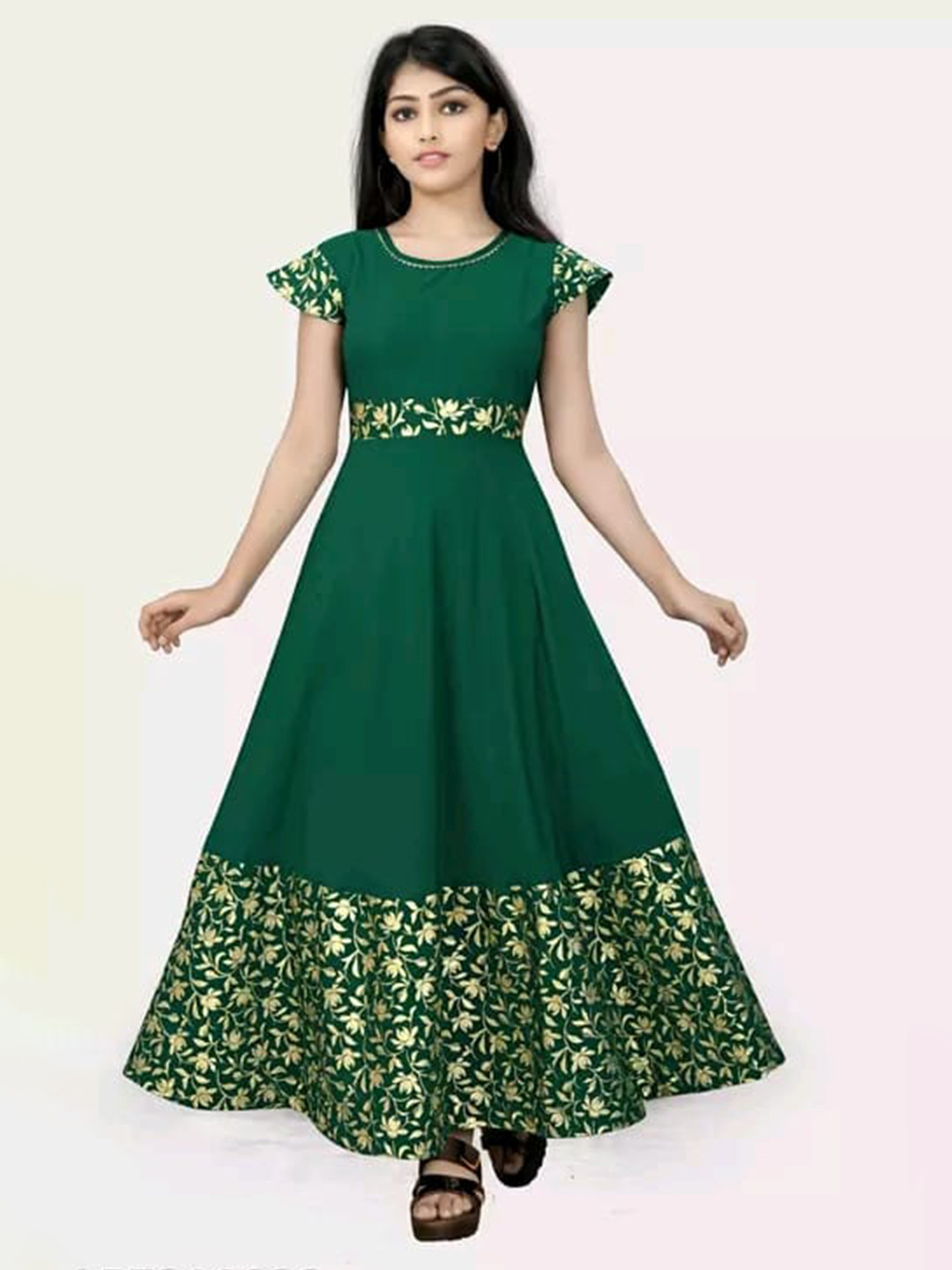 

BAESD Girls Floral Printed Round Neck Fit & Flare Dress, Green
