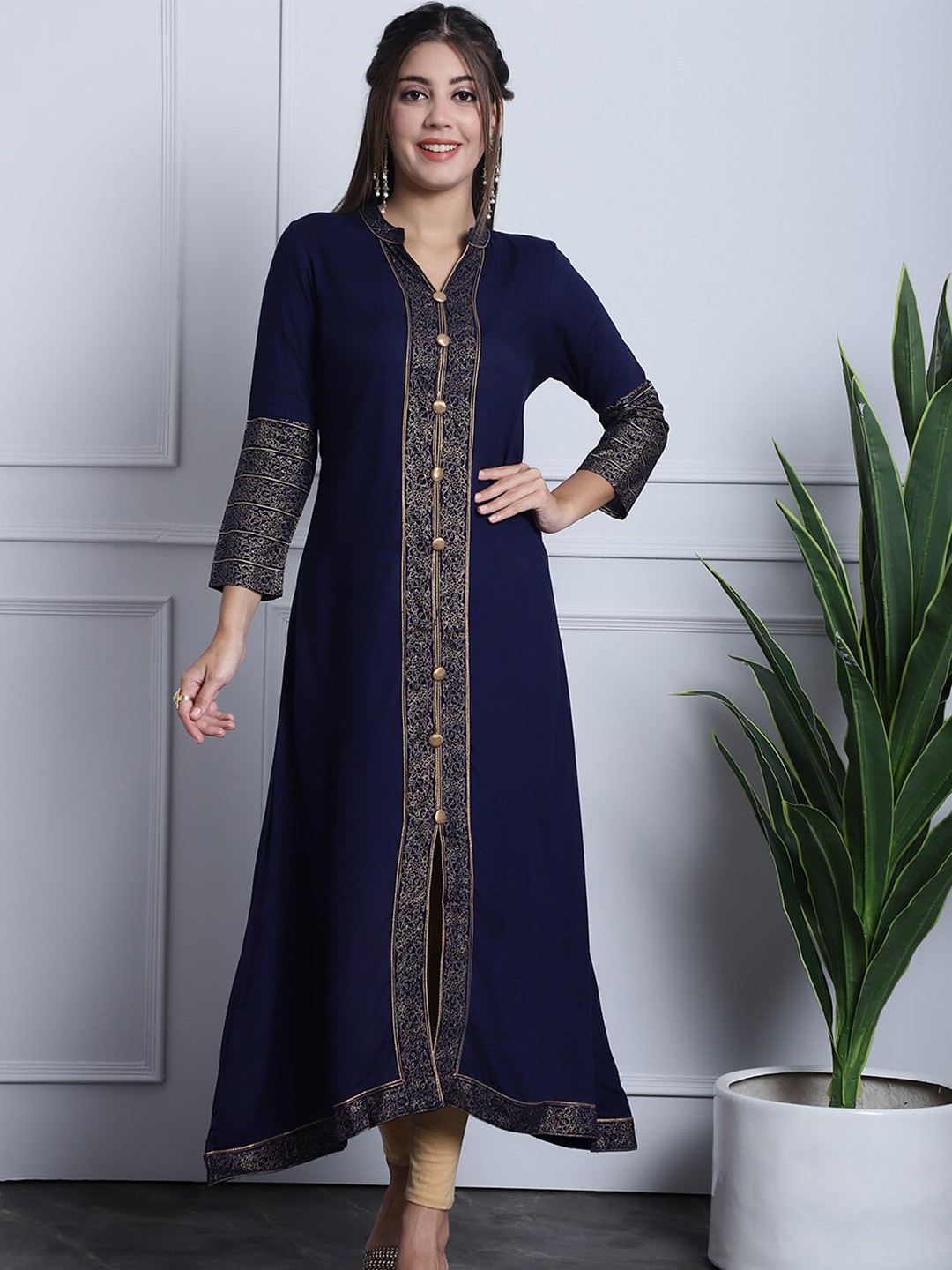 

Grancy Foil Print Mandarin Collar A-Line Kurta, Blue