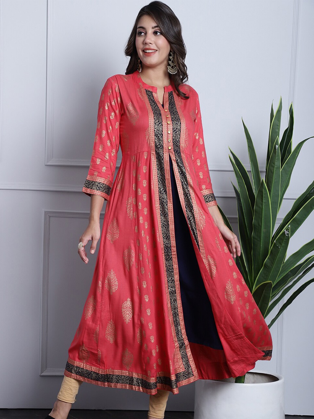 

Grancy Ethnic Motifs Printed Mandarin Collar Straight Cotton A-Line Kurta, Red