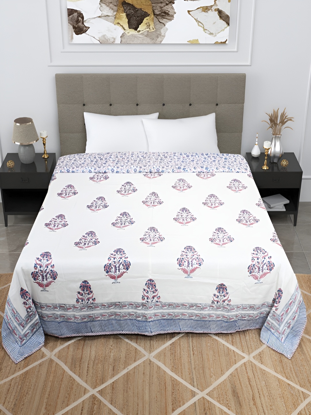 

Bohekant White & Blue Floral Printed Cotton Double Bed Dohar
