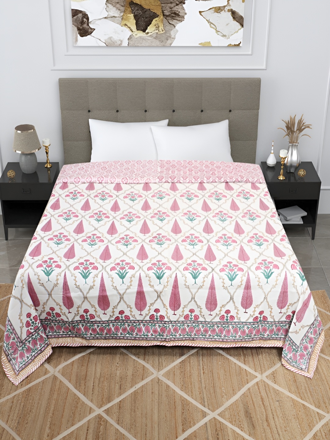 

Bohekant White & Pink Floral Printed Cotton Double Bed Dohar