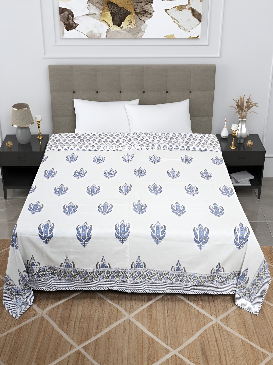 

Bohekant White & Blue Floral Printed Cotton Double Bed Dohar