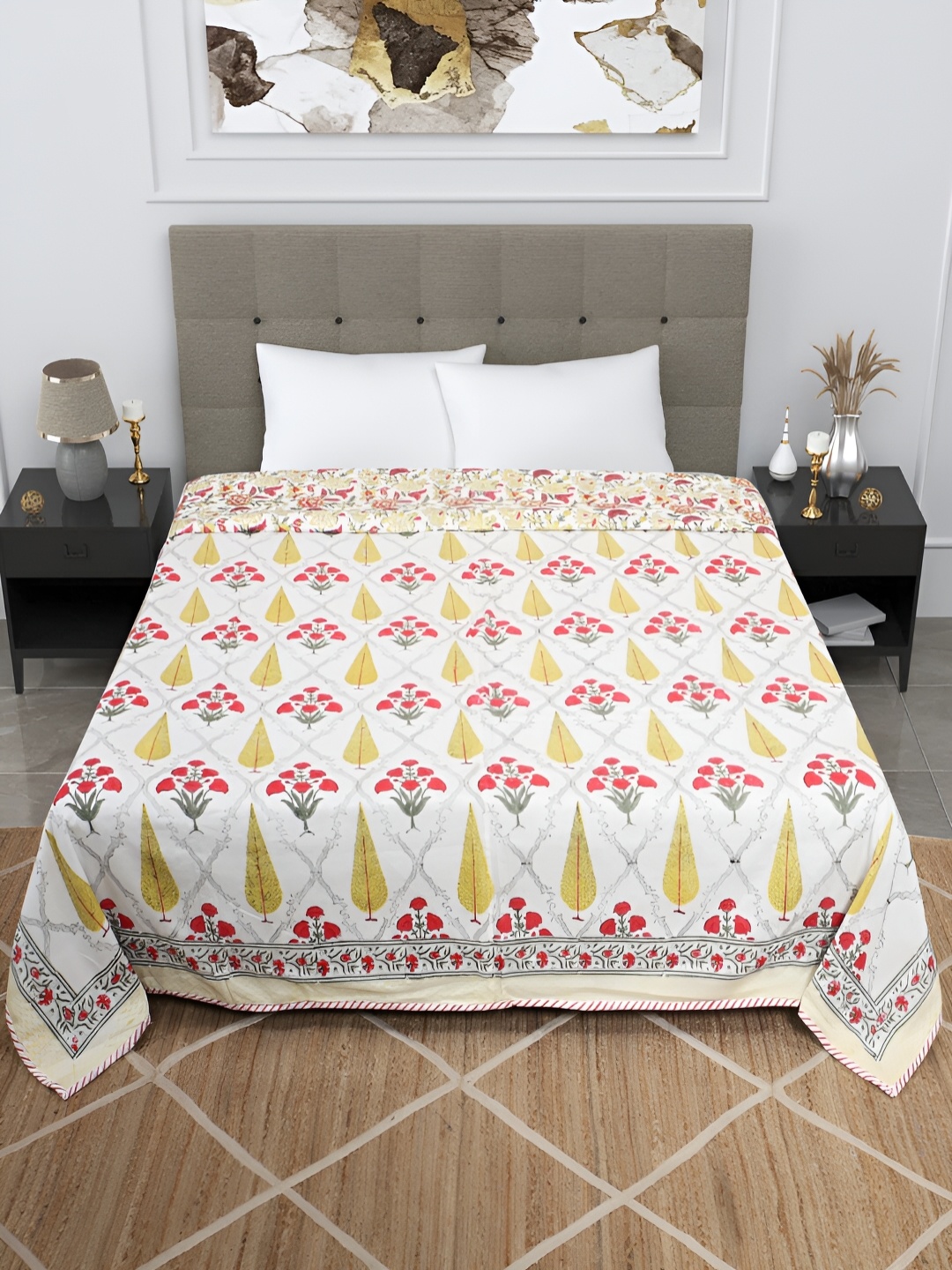 

Bohekant White & Red Floral Printed Cotton Double Bed Dohar