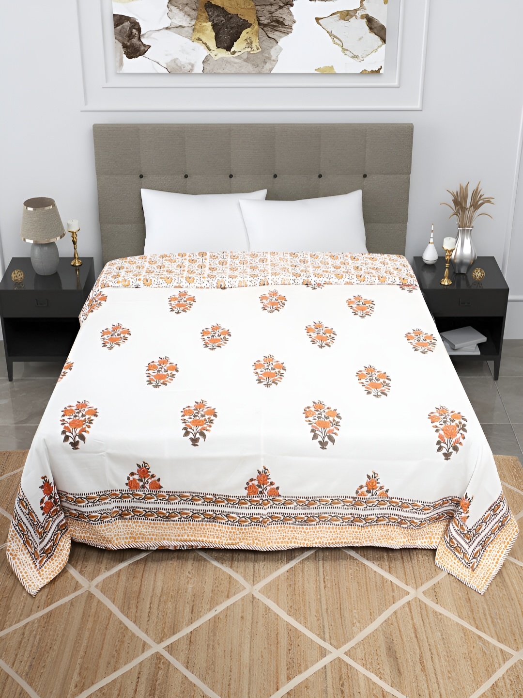 

Bohekant White & Orange Floral Printed Cotton Double Bed Dohar