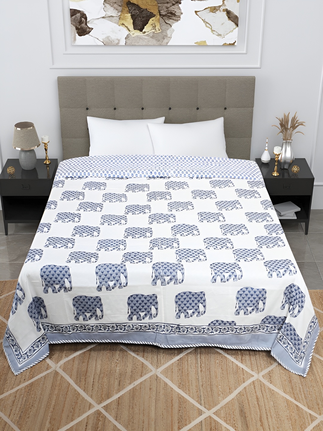 

Bohekant White & Blue Floral Printed Cotton Double Bed Dohar