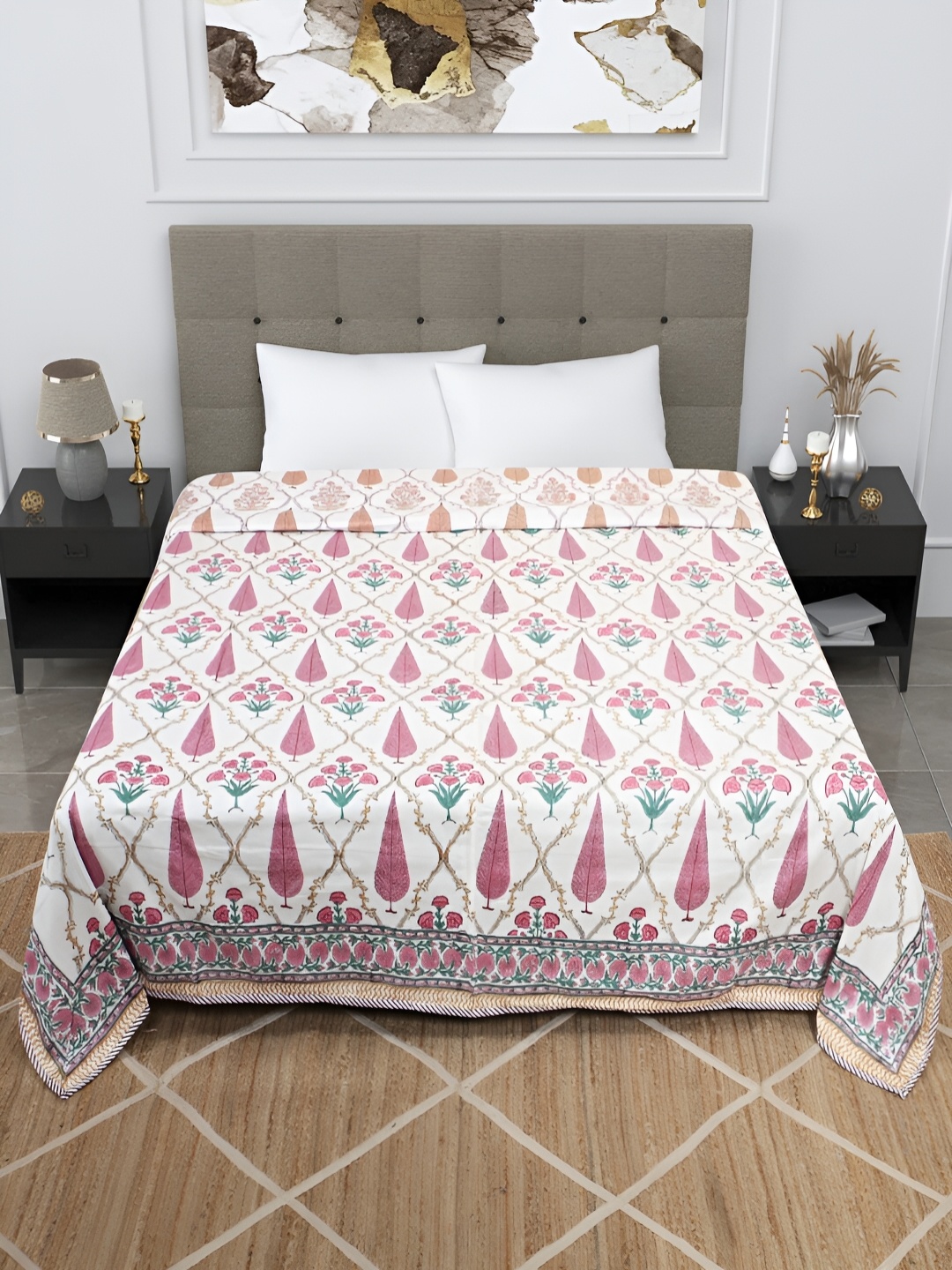 

Bohekant White & Pink Floral Printed Cotton Double Bed Dohar