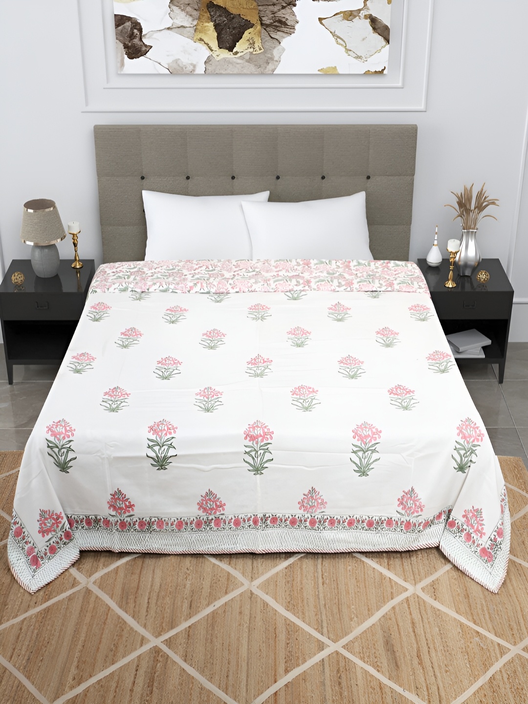 

Bohekant White & Pink Floral Printed Cotton Double Bed Dohar