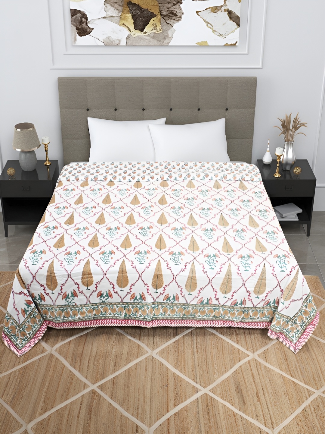 

Bohekant White & Pink Floral Printed Cotton Double Bed Dohar