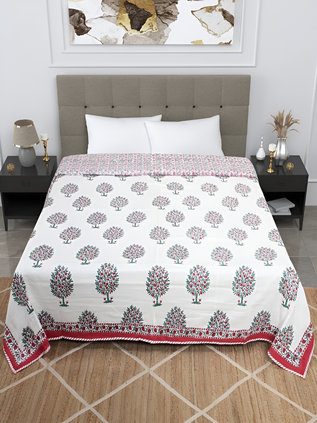 

Bohekant White & Red Floral Printed Cotton Double Bed Dohar