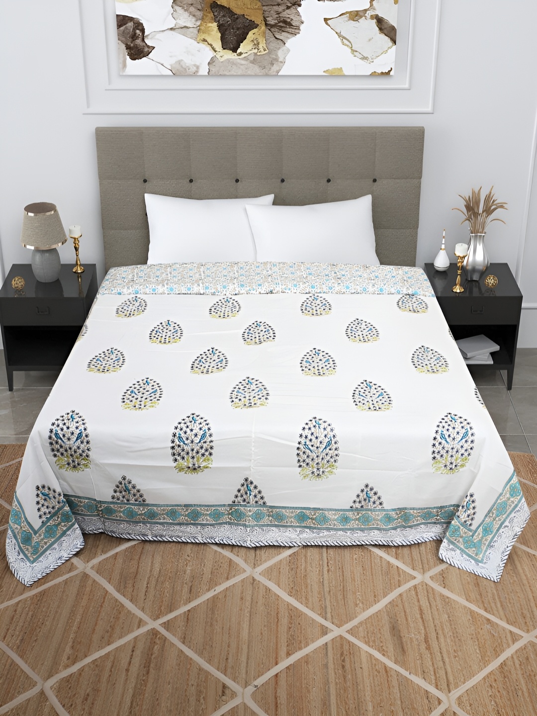 

Bohekant White & Blue Floral Printed Cotton Double Bed Dohar
