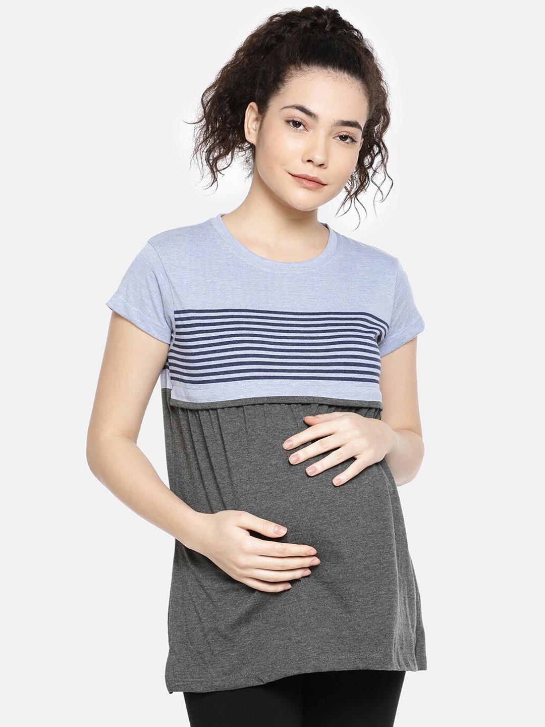 

GOLDSTROMS Striped Relaxed Fit Round Neck Longline Maternity Feeding T-shirt, Grey