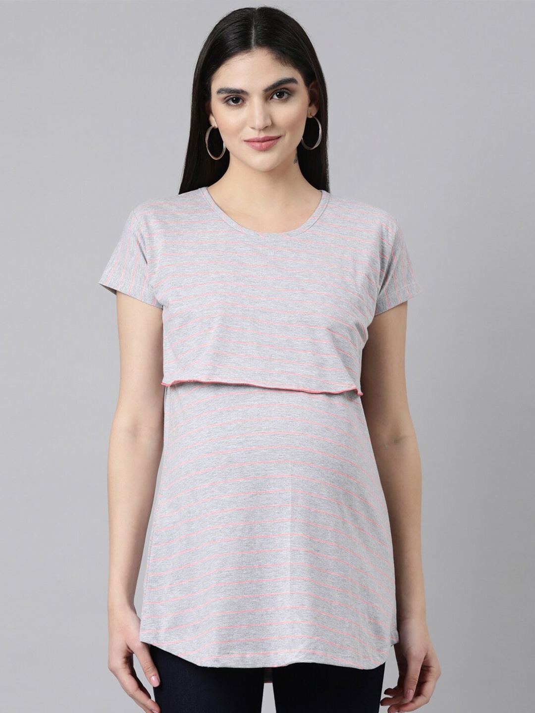 

GOLDSTROMS Striped Relaxed Fit Round Neck Longline Maternity Feeding T-shirt, Grey