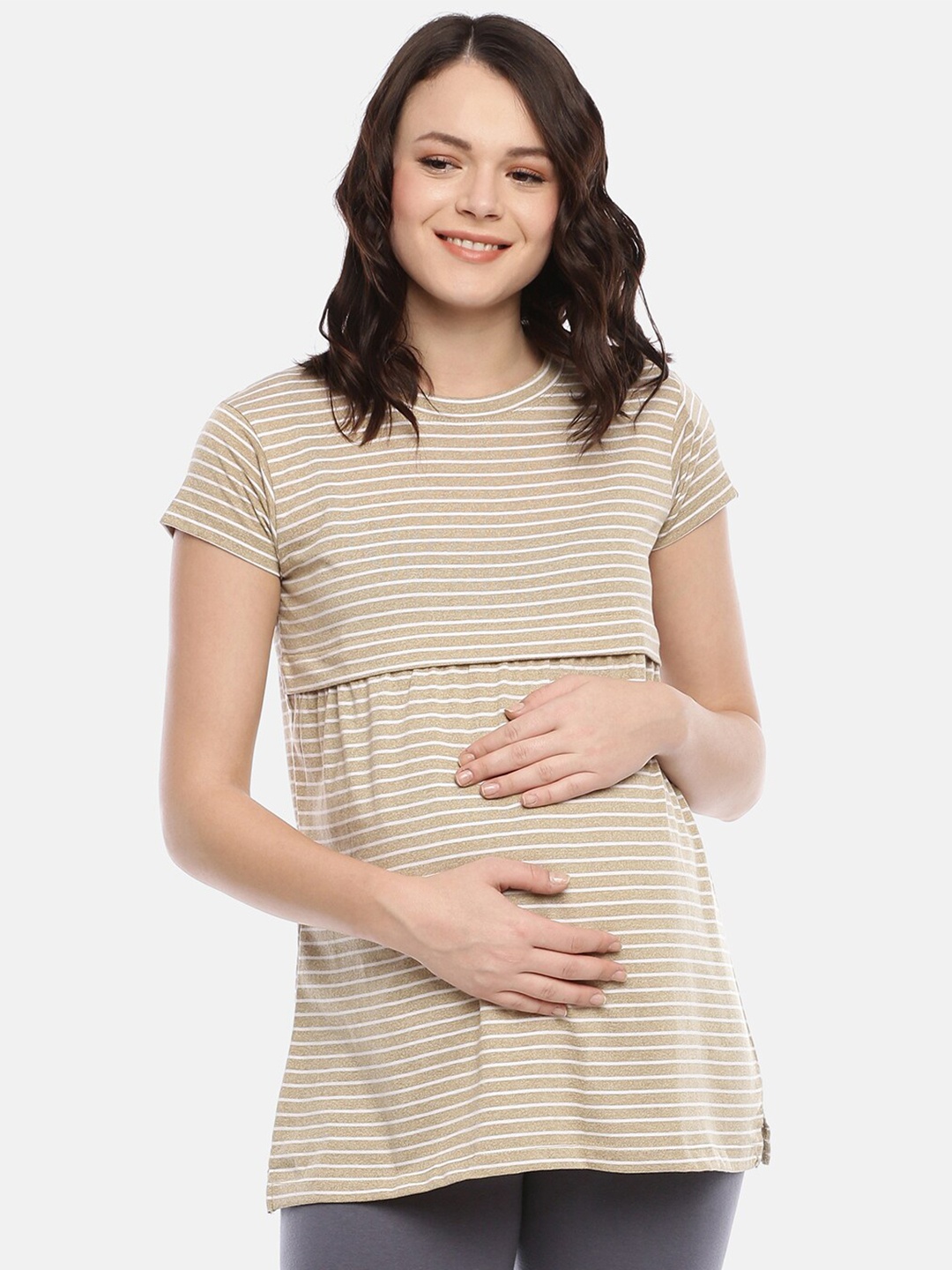 

GOLDSTROMS Striped Relaxed Fit Round Neck Longline Maternity Feeding T-shirt, Beige