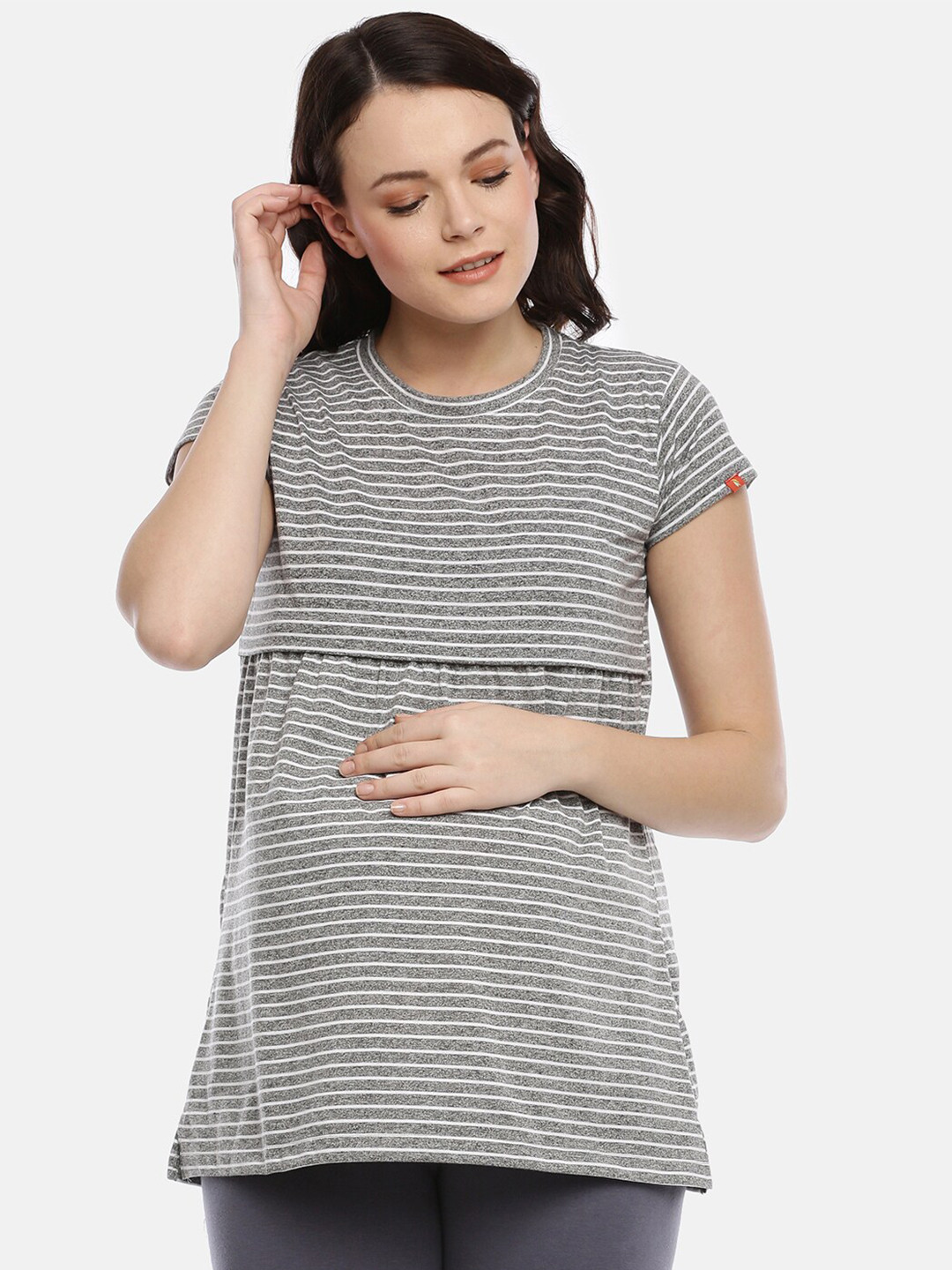 

GOLDSTROMS Striped Relaxed Fit Round Neck Longline Maternity Feeding T-shirt, Grey