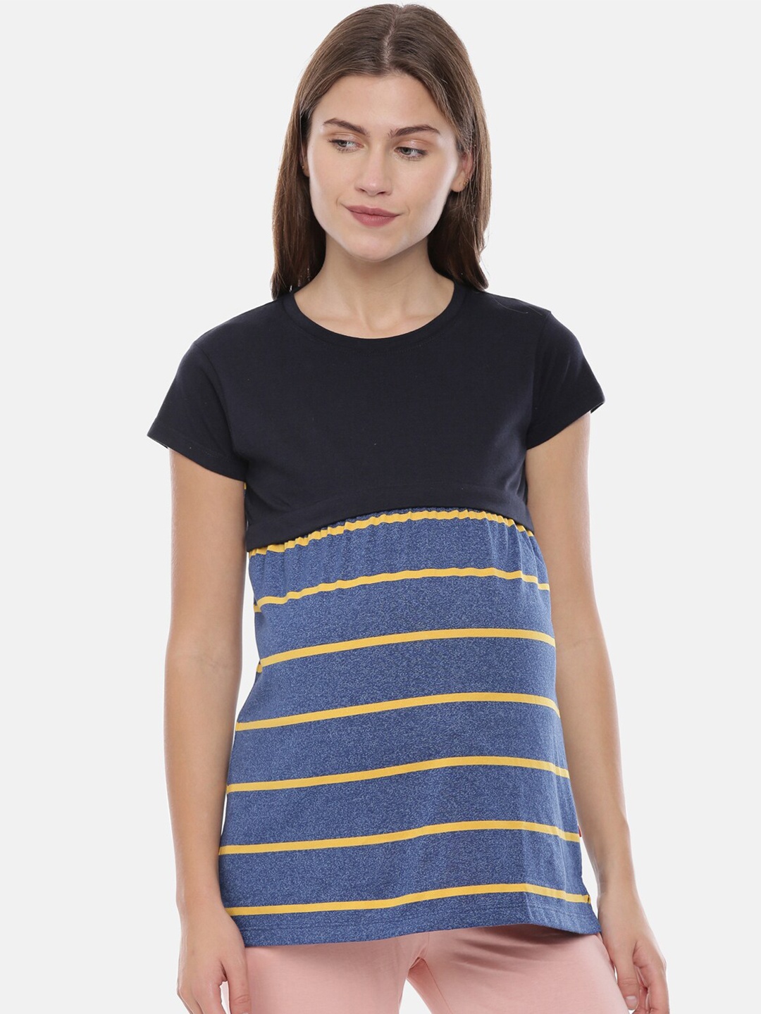 

GOLDSTROMS Striped Relaxed Fit Round Neck Longline Maternity Feeding T-shirt, Black