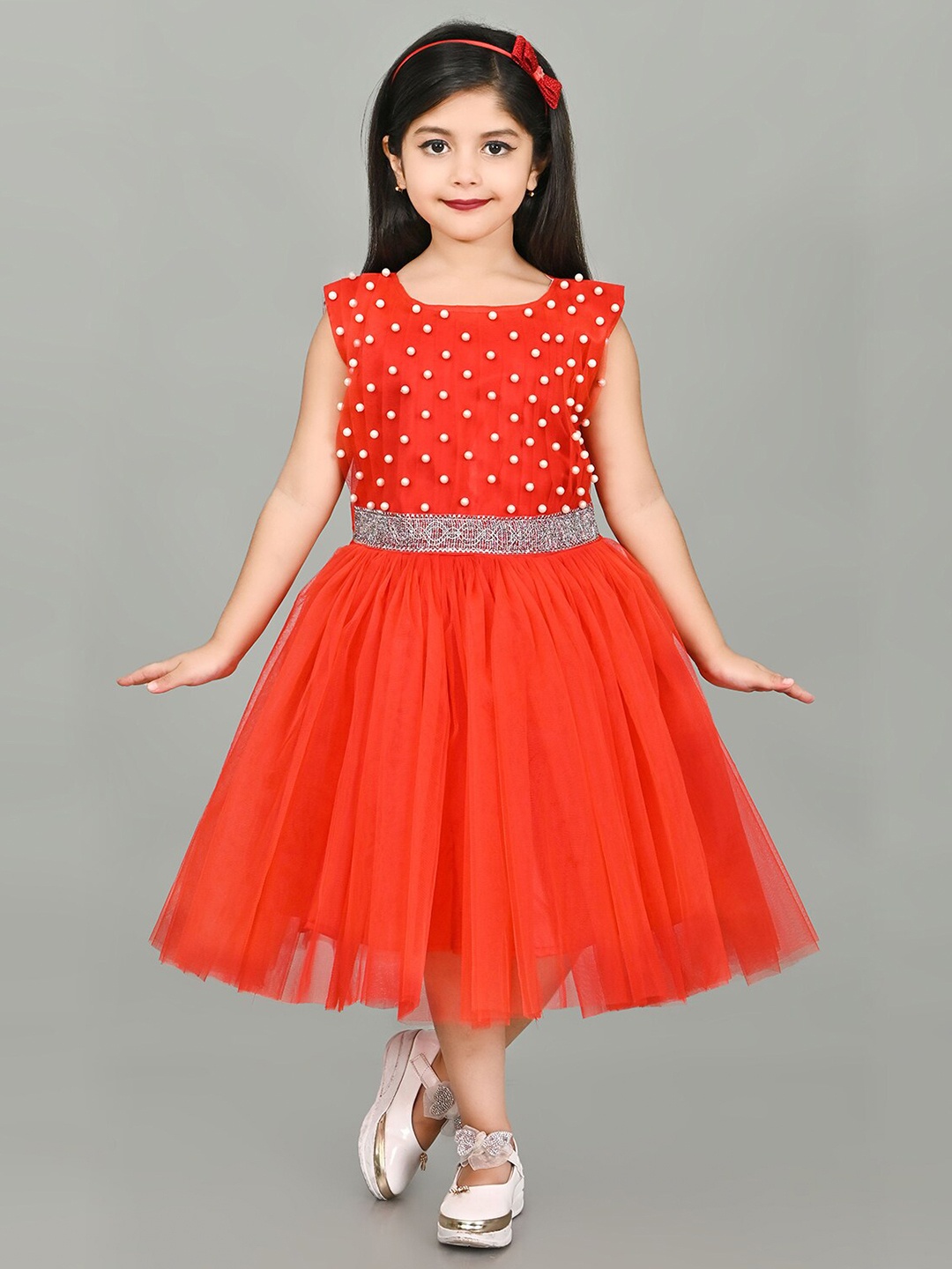 

FuzzyBid Round Neck Sleeveless Polka Dot Print Net Fit & Flare Midi Dress, Red