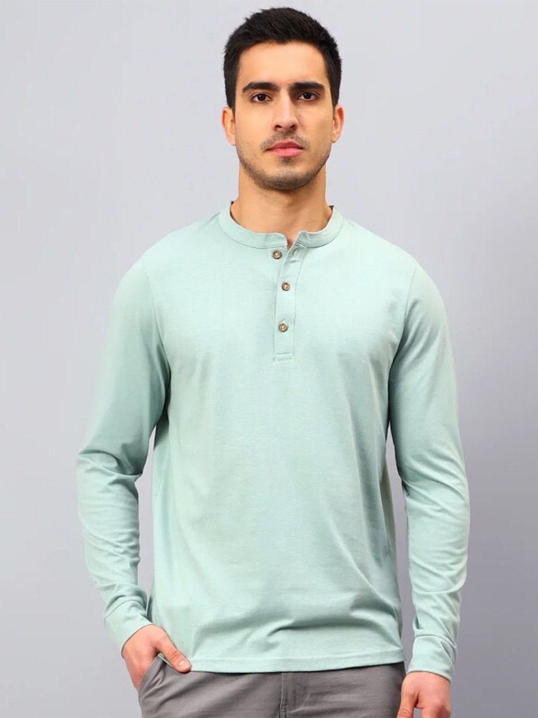 

SUMISO Men Henley Neck Solid T-shirt, Sea green