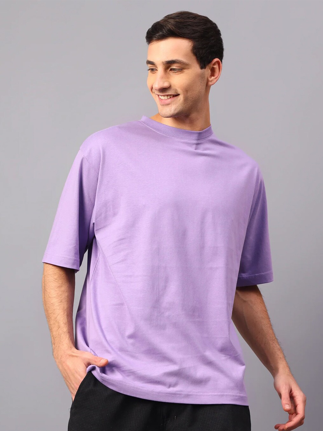 

SUMISO Men Oversized Drop Shoulder Sleeves Pure Cotton T-shirt, Purple